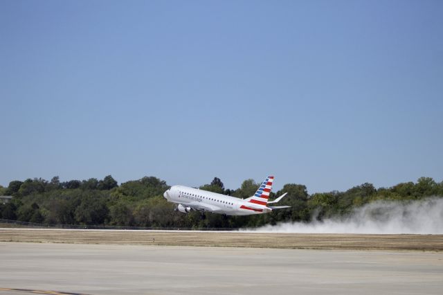 Embraer 175 (N205NN) - MHK was closed summer 2023 for runway construction (note the ample amounts of dust from the finished runway) and reopened on Sept 25 for commercial traffic. This is it’s departure!