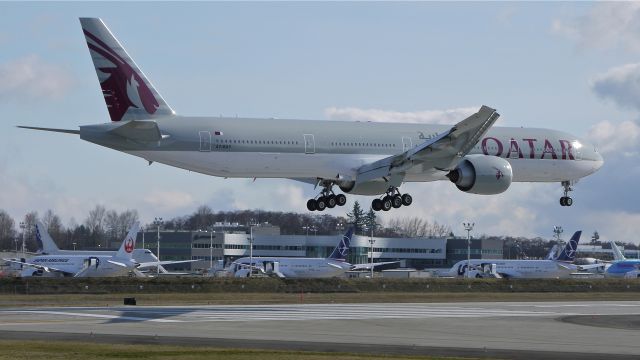 BOEING 777-300 (A7-BAY) - BOE890 on final approach to runway 16R to complete its maiden flight on 2/10/13. (LN:____ c/n 41778).