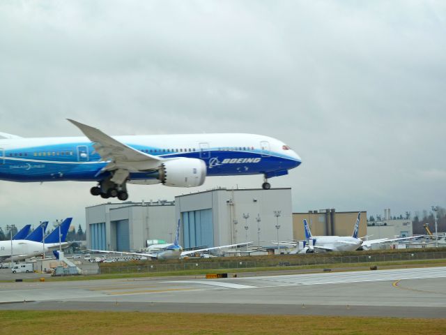 N7878 — - 1-29-2011 Boeing Dreamliner (testing) 787-8, N787BA, ZA001 landing at Paine Field, Everett, Washington  ||||  Notice the 3 Dreamlifters in the background parked in front of the Boeing Paint hangars.   Also note the 3 ANA 787s INVENTORY lined up on the Boeing ramp -- all in test mode -- prior to FAA certification.  At this point in time, the 787 is scheduled for delivery in August, 2011. ||||  Photo by Bruce McKinnon