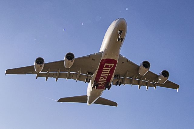 Airbus A380-800 (A6-EUE) - Moments before aborted landing in crosswind