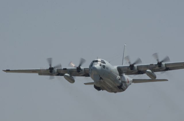 Lockheed C-130 Hercules — - JASDF C-130 (with a funny nose) departs with visible prop vortices. Never seen the prop vortices before so when I came back I was super excited!