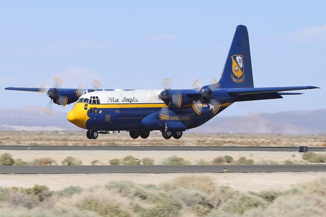 Lockheed C-130 Hercules — - US Navy Lockheed Martin KC-130 (Fat Alber- Blue Angels) taking off at the Los Angeles County Air Show in Lancaster, California.