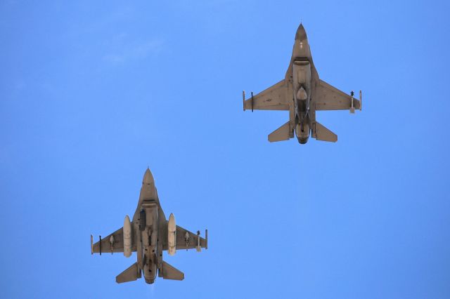 Lockheed F-16 Fighting Falcon — - Two Arizona Air National Guard F-16s performing a flyover during 4th of July festivities in Sierra Vista, AZ, 4 Jul 2018