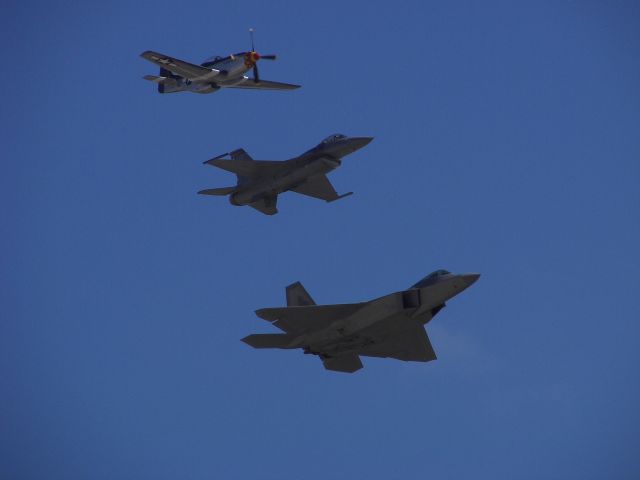 — — - MCAS Miramar Airshow 2008  San Diego,CA  The Heritage Flight... Lead by a P-51, F-16 & F-22 Raptor!