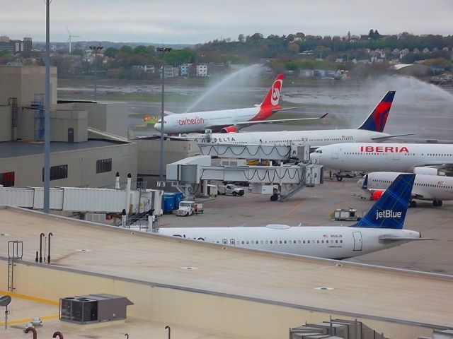 Airbus A330-200 (D-ALPA) - Air Berlin inaugural water cannon salute in Boston, MA at Gate E4