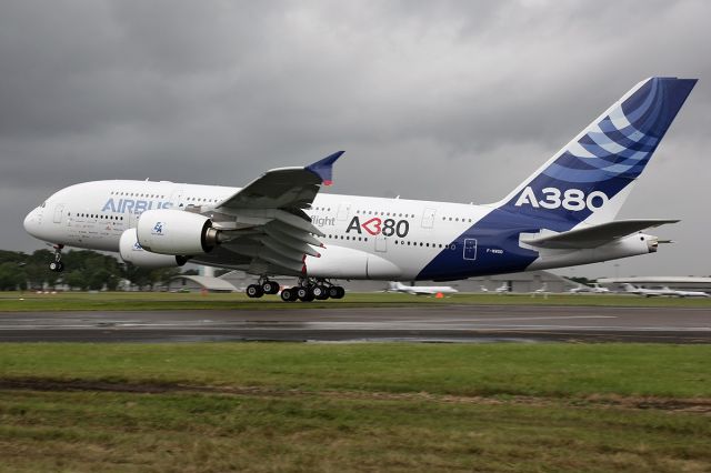 Airbus A380-800 (F-WWDD) - [cn.004]. Airbus Indistrie A380 F-WWDD. Double Decker Lady landing in a rain storm at Farnborough FAB International Airshow 13.7.2012.