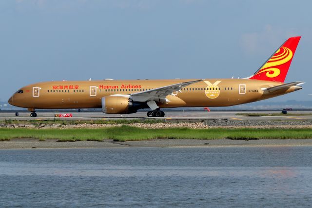 Boeing 787-9 Dreamliner (B-1343) - Panda no more. Hainan 7962 taxiing for departure back to Shanghai. Stripped of the 'Kung Fu Panda' decals as the licensing rights have expired, it still carries the Skytrax 5-Star Airline rating award decal