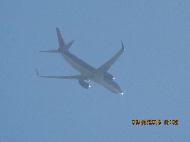 Boeing 737-800 (N805SY) - Sun Country Airlines flight from Joplin to Bull Head City over Southeastern Kansas at 15,000 feet.