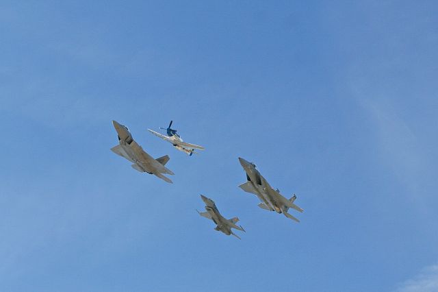 North American P-51 Mustang — - Heritage Flight of P-51, F-15, F-16 and F-22 at Gathering Of Mustang Air Show 9-30-2007