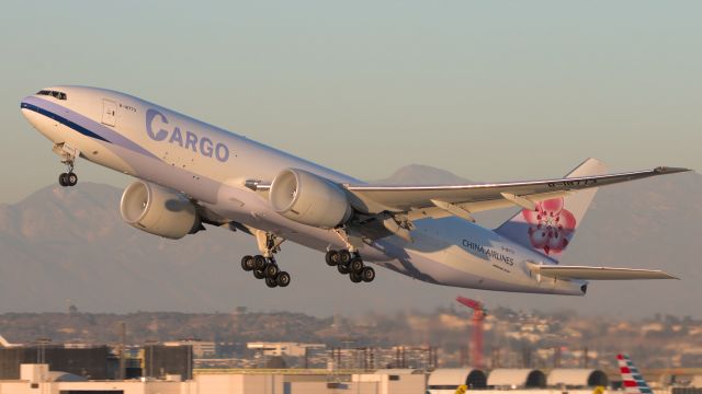 B-18773 — - A China Airlines Cargo 777-F departing Los Angeles International at sunset. 