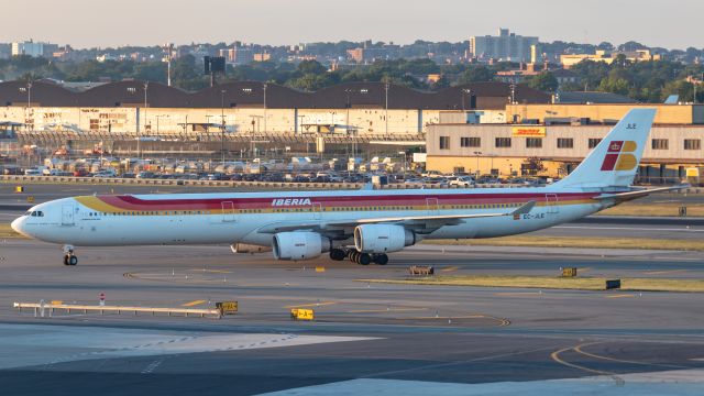 Airbus A340-600 (EC-JLE) - Pulling into Terminal 7. Still nice to see the Iberia A340s in the old liveries.