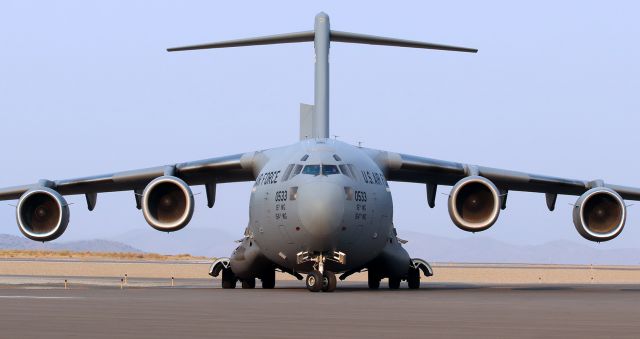 Boeing Globemaster III — - Invited to stand just to the left of the sergeant marshalling this Globemaster to its parking position on the ramp.  