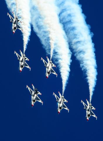 — — - Air Force Thunderbirds in a full delta formation completing  a loop at Mather Air Field, Capitol Air Show, Rancho Cordova,CA.