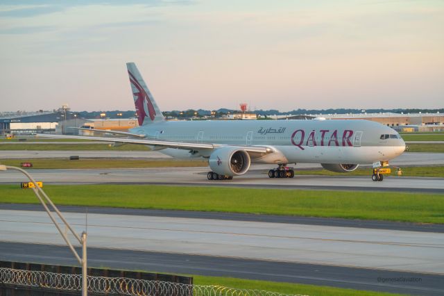 Boeing 777-200 (A7-BAE) - Catching the turbo fan spinning of a departing B777 from ATL.