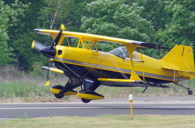 N99MF — - GREENWOOD LAKE AIRPORT, WEST MILFORD, NEW JERSEY, USA-JUNE 11, 2023: Wth his plane just about to touch down, aerobatic pilot Buck Roetman completes his performance at the 2023 Greenwood Lake Air Show.