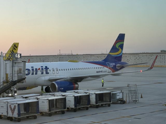N635NK — - A Spirit Airlines A320 in the previous livery with the stylized "S" on the tail. Note the # 2 encowling as viewed from the belly, and the antennae dome top with the Yellow cab colorings.