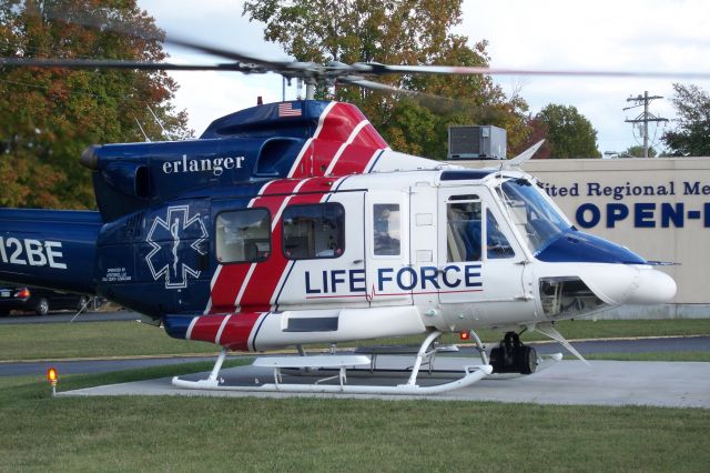 Bell 412 (N412BE) - Helicoptor at the United Regional Medical Center in Manchester TN prior to a patient transport flight.  Thanks to the friendly Erlanger Lifeforce crew for permission for the photos!