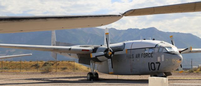 FAIRCHILD (1) Flying Boxcar (22107) - Fairchild C-119G Flying Boxcar, RCAF S/N 22107, Hill Aerospace Museum at Hill Air Force Base, 22 Aug 17.br /Per aerospaceutah.org:  Restored to represent the “State of Utah,” once assigned to Hill Air Force Base decades ago, the C-119G located at the Hill Aerospace Museum was manufactured by Fairchild and delivered to the Royal Canadian Air Force in December 1954. Serving various bases throughout Canada for more than 20 years, the aircraft was eventually sold to Frank Shelly of Los Angeles, California, in 1967.br /Later sold to the forest fire fighting company Hawkins and Powers of Greybull, Wyoming, it was eventually acquired by the Hill Aerospace Museum on November 5, 1985.