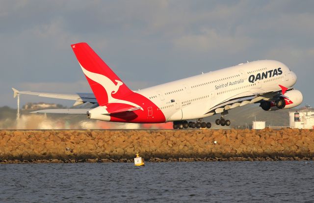 Airbus A380-800 (VH-OQC) - QF1 getting airborne off 16R as she begins the haul to LHR via DXB! Taken from The Beach with a 70-200mm