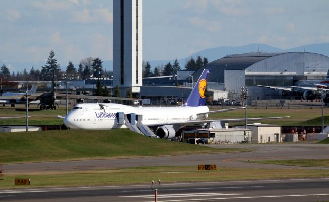 BOEING 747-8 (D-ABYN) - KPAE - Boeing Everett shows 747-8i 37838/1497 on the ramp March 11-2014 days before the delivery to the Airline.