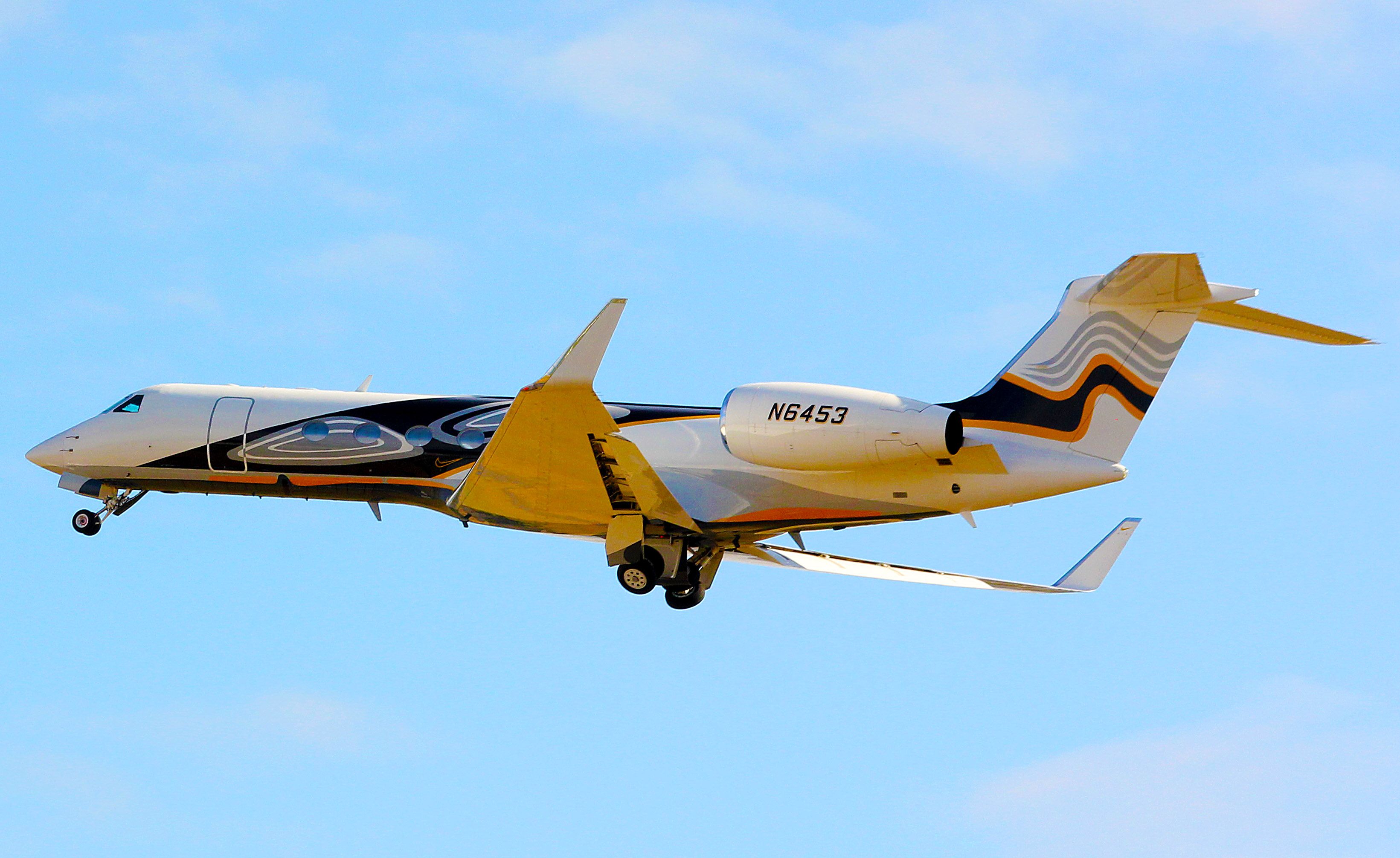 Gulfstream Aerospace Gulfstream V (N6453) - Nike Air!  Their 1999 Gulfstream G-V departing Hillsboro, Oregon Rwy 31. The tail number N6453 is significant as it is the last 4 digits of the corporations telephone number at its world campus in Beaverton, Oregon and its headquarters in the Netherlands.  Nike Aircraft are based at KHIO. (N1KE-(Was assigned to the current N6453, now reserved. Could be for the new G650?), N6453-GLF5, N6458-F2TH, N3546-GLF5)   8-29-12