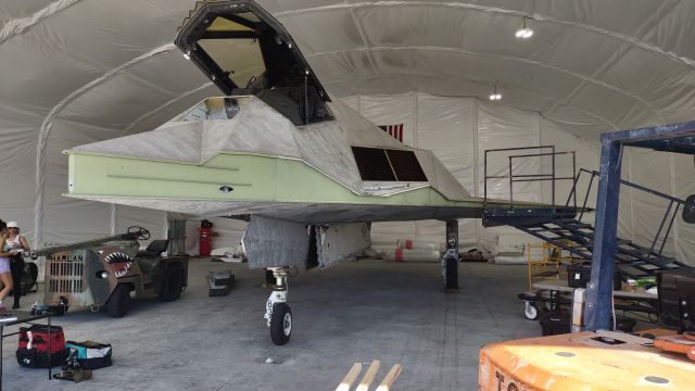 Lockheed Nighthawk (85-0833) - Lockheed F-117A stealth jet “Black Devil” at the Palm Springs Air Museum. It's undergoing restoration for public display.  The aircraft's radar absorbent material was removed before the aircraft was transferred to the museum.