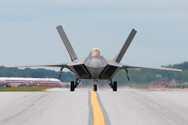 Lockheed F-22 Raptor (05-4104) - The second of two USAF Lockheed Martin F-22A Raptor’s, 05-4104, cn 645-4104, taxiing to Atlantic Aviation on 31 Aug 2016. The Raptors are from the USAF Air Combat Command (ACC) Demo Team based at Joint Base Langley-Eustis (JBLE), VA- USA. 