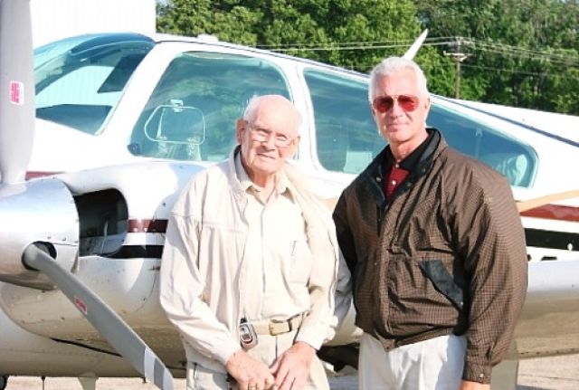 Beechcraft 55 Baron (N1832W) - Carl H. Moore (age 90) of Harrod, Ohio and son, David J. Moore (age 56 of Brentwood, TN taken in front of the hangar of N1832W in Smyrna, TN summer of 2007