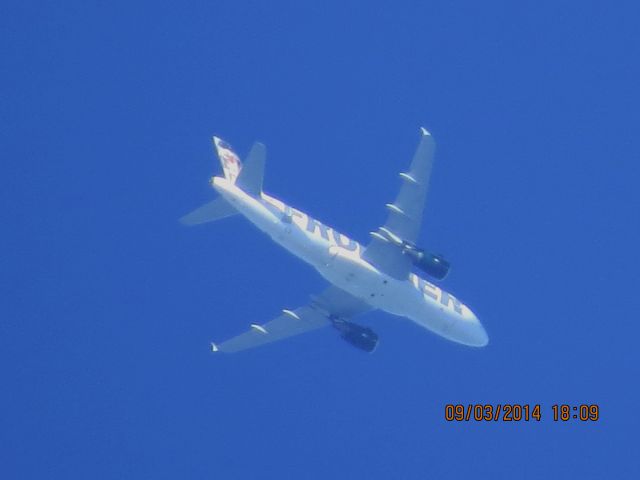 Airbus A319 (N920FR) - Frontier flight 226 from DEN to Branson MO over Baxter Springs KS (78KS) at 25k feet.