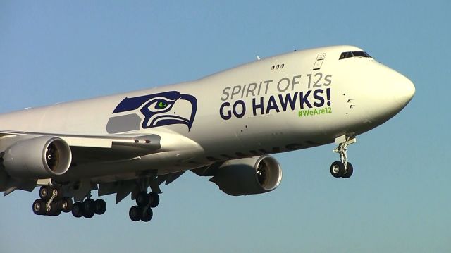 BOEING 747-8 (N841BA) - Volga Dneprs second "white tail" 747-8f, N841BA, operated by Boeing and painted in the Seahawks "Spirit of The 12s" color scheme, landing at KPAE on Sunday after the pregame flyover at the Seahawks vs. Steelers game. 