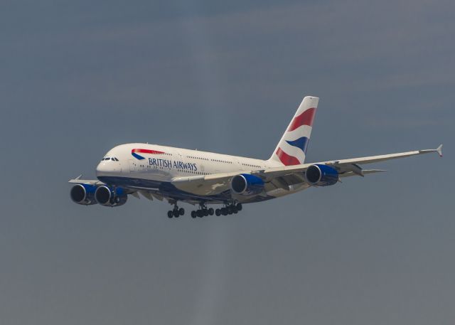 Airbus A380-800 (G-XLEC) - Shot from top of parking structure off Sepulveda Blvd on W98 St. Landing on runway 24R on June 21, 2014.