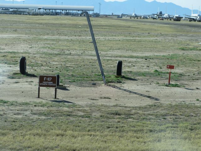 Lockheed Nighthawk — - The star "exhibit" at the Davis-Monthan aircraft boneyard in Tucson, Arizona.   Their F-117 Nighthawk Stealth fighter exhibit.