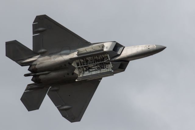 Lockheed F-22 Raptor (AALF09190) - F-22 in flight at Arctic Thunder at Elmendorf AFB, Alaska. July 31, 2016. Tail number 09-190. Weapons bay doors fully open.