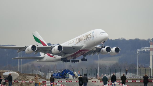 Airbus A380-800 (A6-EEJ) - Briefly after lift-off; Emirates flight EK88 to Dubai on 4th Feb 2017.