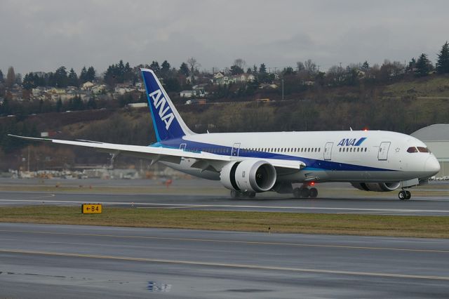 Boeing 787-8 (N787EX) - Second 787, first in airline colors, kicks up a spray as the aircraft applies reverse thrust. Note that the gear doors are down due to a technicality discovered during the test flight.