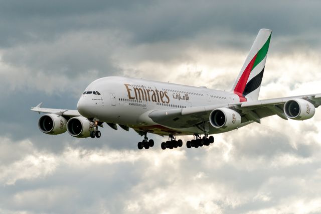 Airbus A380-800 (A6-EUH) - Crossing the Runway 20 fence at Christchurch Airport on Saturday 13 May 2017 as Flight EK412 from Sydney.