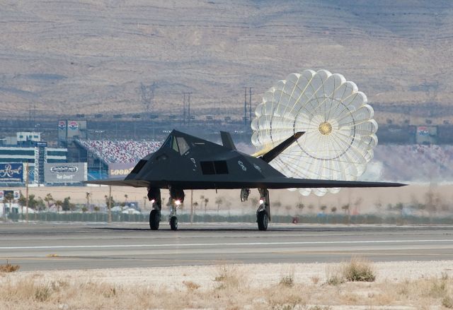 Lockheed Nighthawk — - F-117 landing at Nellis AFB, 2007.