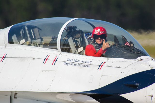 Lockheed F-16 Fighting Falcon — - USAF Thunderbird #4 falling into formation to start air demonstration show at Tyndall AFB. Questions about this photo can be sent to Info@FlewShots.com