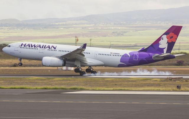 Airbus A330-200 (N386HA) - LAX-OGG smoking the gear on runway 20