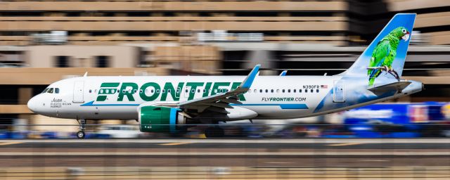 Airbus A320neo (N309FR) - A Frontier Airlines A320 neo "Juan the Puerto Rican Parrot" taking off from PHX on 2/23/23. Taken with a Canon R7 and Canon 100-400 EF ii lens.