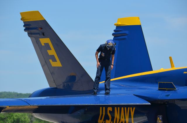 McDonnell Douglas FA-18 Hornet — - Deke Slayton Airfest June 2014. Ground crew doing post performance check. Thank goodness for the people on the ground who keep us pilots in the air!