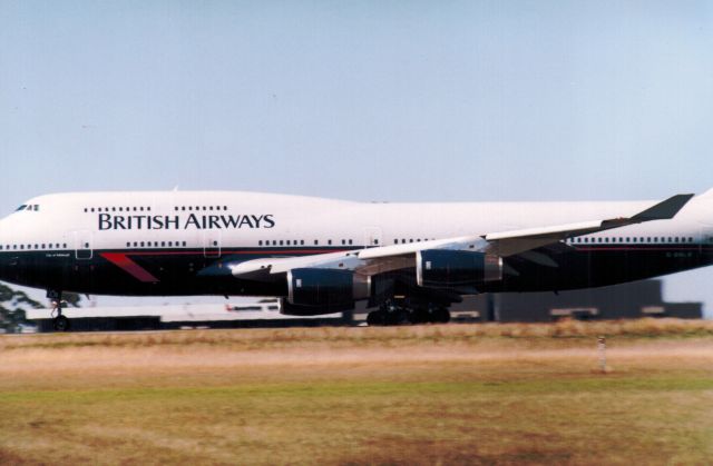 Boeing 747-200 (G-BNLB) - On the main north south runway and about to depart to the north from Melbourne Tullamarine late 1989. 