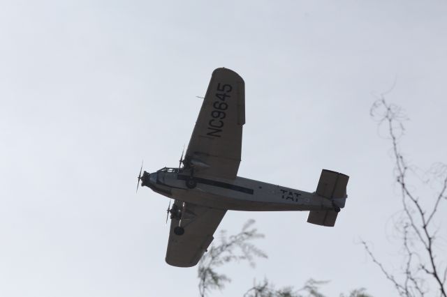 NC9645 — - Ford TriMotor giving rides out of KFFC Falcon Field, Mesa AZ from the Boeing parking lot north of the airport.  I got a ride co-pilot in one 15 years ago.  No wonder spec for Douglas DC1 was "no nose engines!"