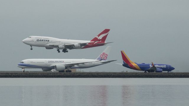 Boeing 747-400 (VH-OJM) - Final passenger flight for VH-OJM arriving into SFO on July 30, 2017.  Its now stored in Mohave.