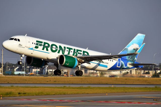 Airbus A320neo (N311FR) - Frontier (Mia the Dolphin Livery) Airbus A320 departing YYC on Aug 21.