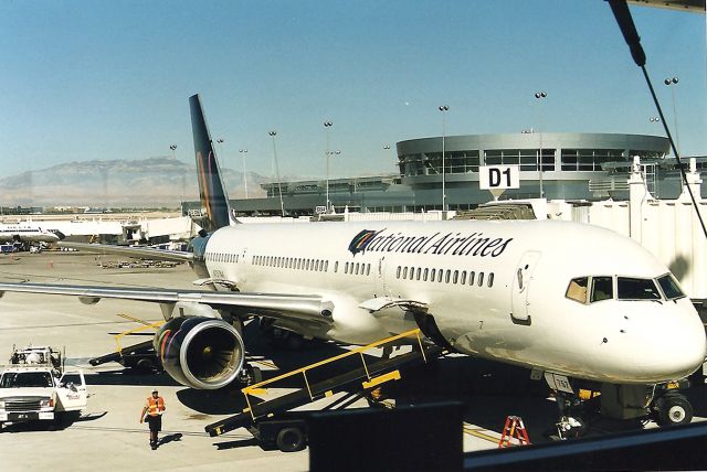 Boeing 757-200 (N757NA) - KLAS - N757NA for then new upstart airline National based out of Las Vegas. National didn't last that long but I heard many good things about this Airline. I was in the then new D terminals snapping airline photos, and also caught an all white B737 flying LAS-LAX for National.