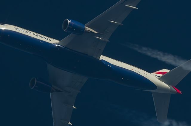 Boeing 777-200 (G-YMME) - 1/2/2015 British Airways Boeing 777-200 G-YMME Passes Overhead West Lancashire at 34,000ft working route London-San Francisco BAW73N.Photograph taken from the ground with the aircraft at 13-15km from my camera,"Close up" crop.<br>Pentax K-5.