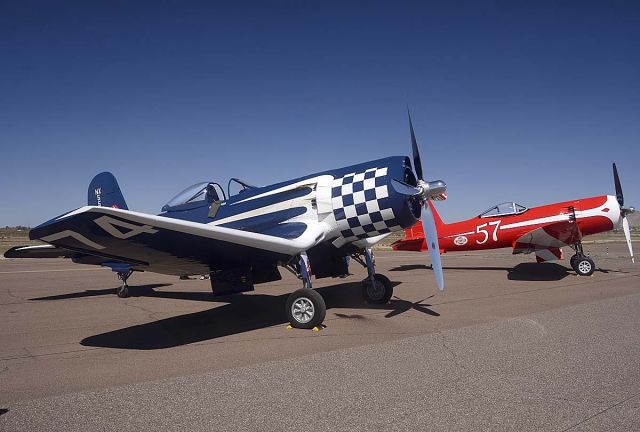 N5577N — - Goodyear F2G-2 Corsair N5577N Race 74 and F2G-1 Corsair NX5588N Race 57 at the Cactus Fly-in on March 3, 2012.