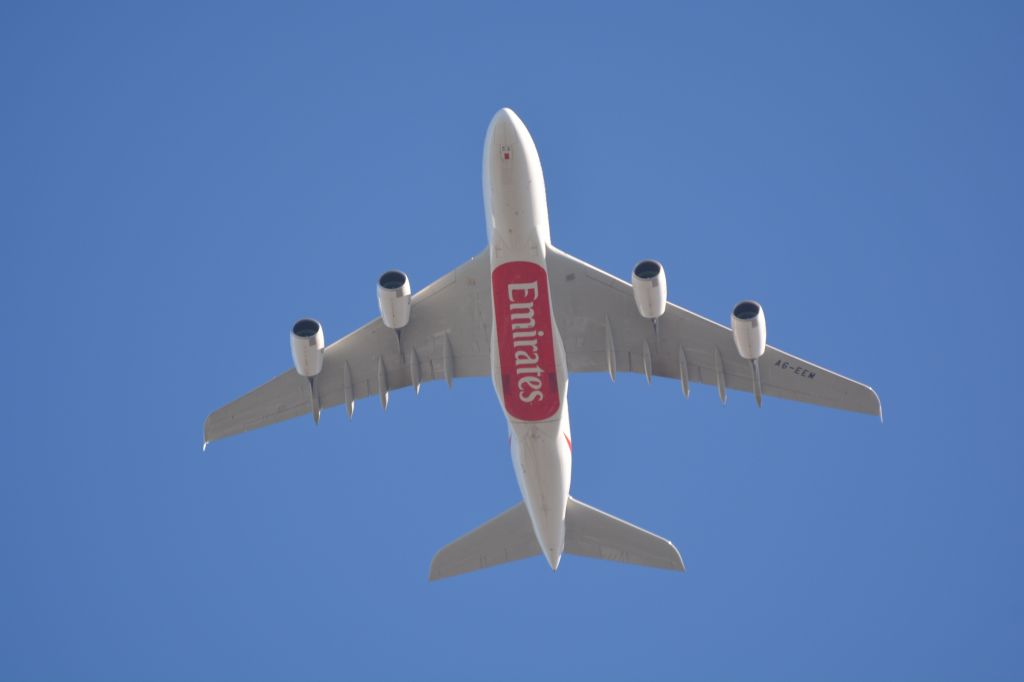Airbus A380-800 (A6-EEM) - Flight EK406 from Melbourne near One Tree about 4 minutes before final turn into Auckland Airport. The aircraft is flying at just over 3,000 feet which is 2,500 lower than normal. It is also a little further south than the normal flight path.