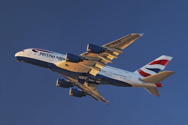 G-XLEB — - A British Airways operated Airbus A380-841 superjumbo jet takes to the skies as the sun sets, after liftoff from the Los Angeles International Airport, LAX, in Westchester, Los Angeles, California